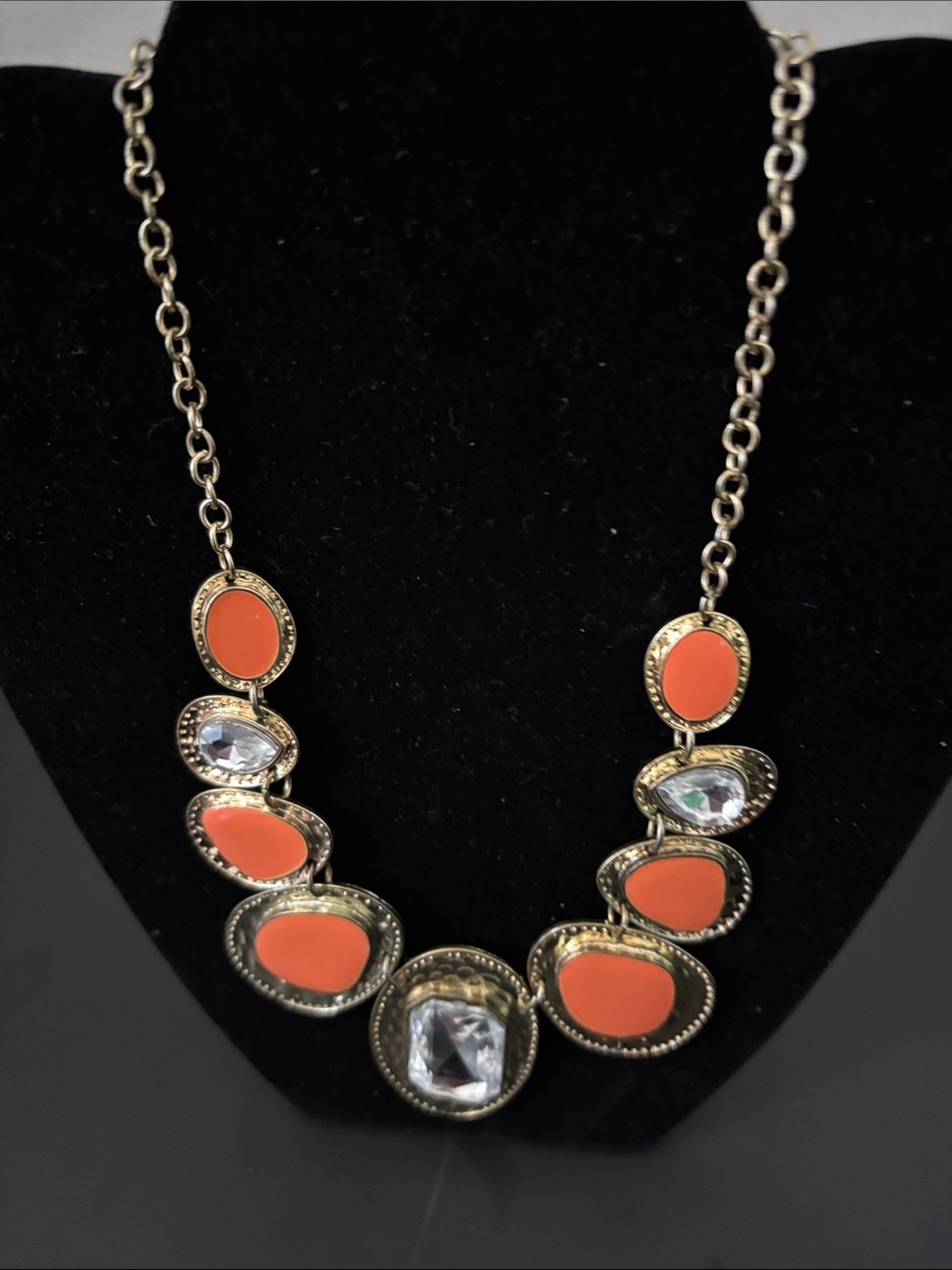 Gold-Tone Orange Statement Necklace with Clear Stones
